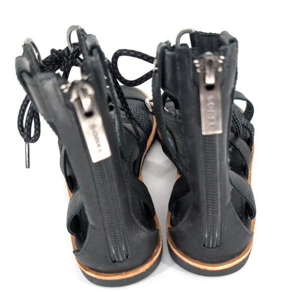 Sorel Ella Womens Black Leather Lace‎ Up Strappy Gladiator Back Zip Flat Sandals - Picture 5 of 11